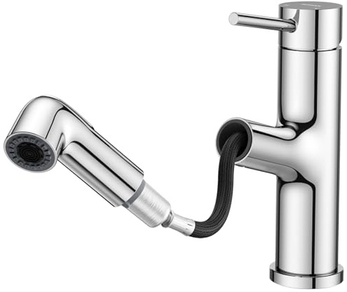HURRAN Ausziehbare Wasserhahn Bad, Einhebelmischer für Waschbecken, Niedrig Waschtischarmatur mit 2 Strahlarten, Edelstahl, Chrom