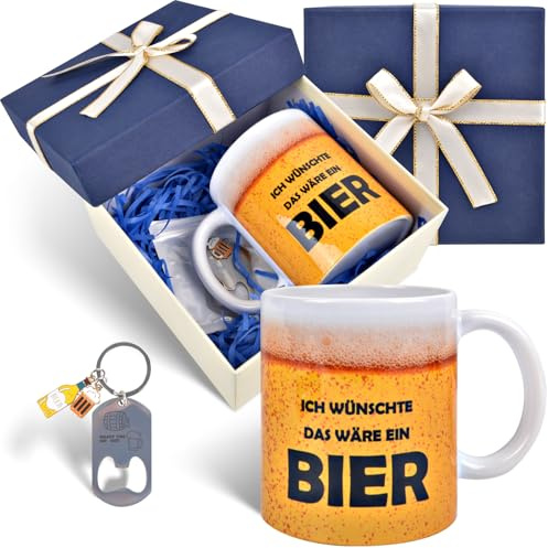 Bier Geschenke für Männer - 3 Stück Bier Tasse mit Lustig Spruch | Männergeschenke Bierkrug mit Flaschenöffner Schlüsselanhänger, Mann Geschenkidee Biertasse für Vater Geburtstag Oktoberfest