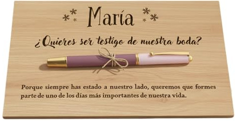 Regalo testigo personalizado para boda. Placa de madera para testigos personalizada con pluma/bolígrafo para firma. Regalo original boda