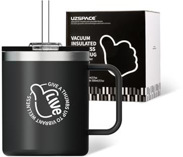 UZSPACE Taza Térmica Café 500ml con Pajita, Vaso Térmico con Tapa y Asa | Doble Aislamiento para té o café, Mantiene Temperatura 4-6h, Taza Termo de Doble Pared para Hogar y Oficina, Negro