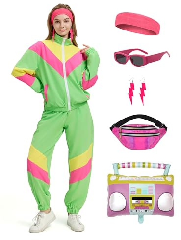 Coseaon 80er 90er Jahre Outfit Damen Trainingsanzug Jacke Hose Anzug 80er Retro Kleidung Accessoire 80s Kostüm Halloween Karneval Party (Neon Grün, M)
