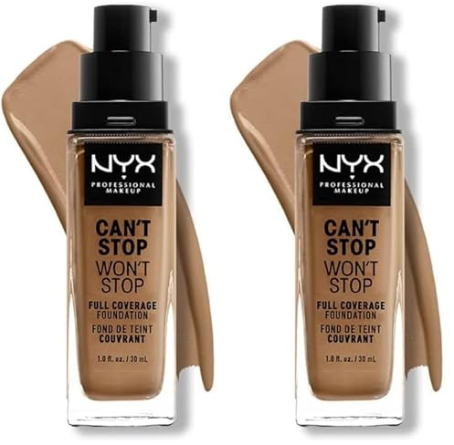 NYX Professional Makeup Can't Stop Won't Stop Full Coverage Foundation, Langanhaltend, Wasserfest, Vegane Formel, Mattierter Teint, Farbton: Caramel (Packung mit 2)