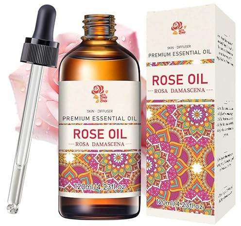 Reines ätherisches Rosenöl (Damaszenerrose), 120 ml, geeignet für Haut- und Haarpflege, 100% natürlich! Natürliches, feuchtigkeitsspendendes Gesichts- und Körperöl, geeignet für Diffusoren