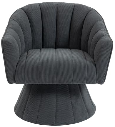 360° Sessel drehbar ergonomischer Loungesessel aus Cordstoff gepolsterte Sitzschale mit umschließenden Armauflagen kompakter Akzentstuhl für Büro Wohnzimmer Homeoffice Gaming Tragkraft (Dunkelgrau)