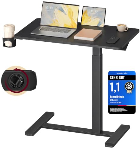 VASAGLE Beistelltisch mit Rollen, mobiler Stehtisch, 80 x 45 cm | große Tischplatte, verstellbare Höhe, 2 Getränkehalter, Schlitz für Handy oder Tablet, Tintenschwarz LSD601BZ01