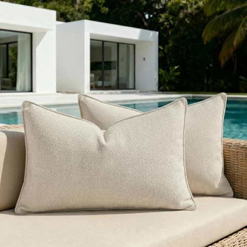 FDTERN 2er Set 30×50 cm Beige Wasserabweisend Chenille Outdoor Kissenbezugset Sofakissen Dekorativ Couchkissen Wetterfeste Kissenhülle Zierkissen Bezug Weich für Sofa Couch Garten Balkon