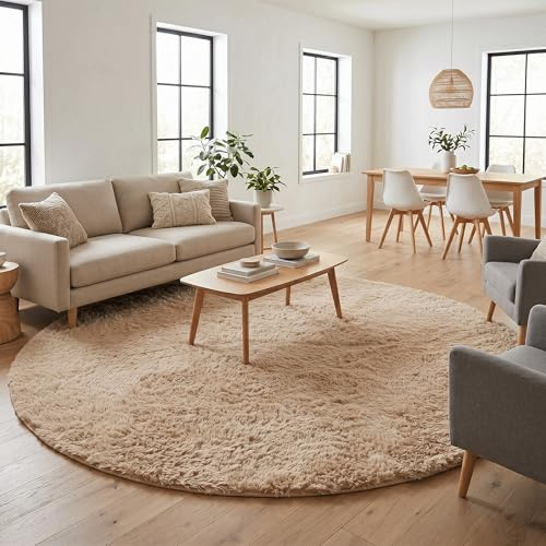 Pergamon Fluffy Shaggy Teppich Rund Beige – Hochflor Teppich extra weich, moderner Wohnzimmer Teppich, kuschelig & pflegeleicht