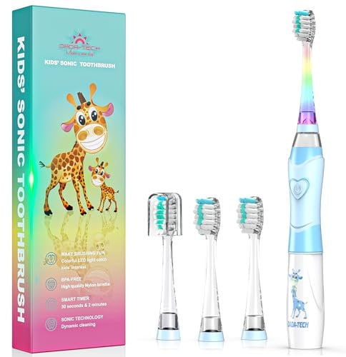 Elektrische Zahnbürste Kinder ab 3-6-8-12 Jahre mit buntem Regenbogen-LED-Licht Integrierter Timer 90% abgerundeten Borsten Schallzahnbürste für Kleinkind (Kind Blau)