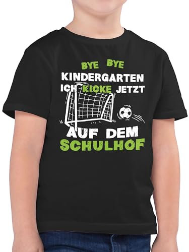 Kinder T-Shirt Jungen - Einschulung Junge - Bye Bye Kindergarten Ich kicke jetzt auf dem Schulhof Geschenk Schulkind Fußball I - 140 (9/11 Jahre) - Schwarz - Kita Tshirt einschulungsshirt