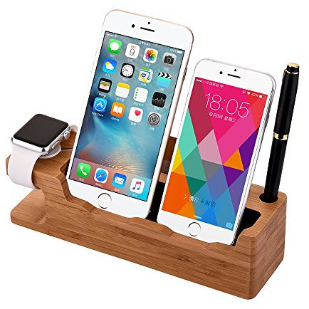 MOZOWO Bamboo Wood Multifunction Desktop Charger Stand Charging Dock/Station/Cradle/Holder Compatible iPhone XS MAX XR X 8 7 6 6S Plus Apple Watch 2 3 4 / iWatch 38mm & 42mm All Models Smartphones