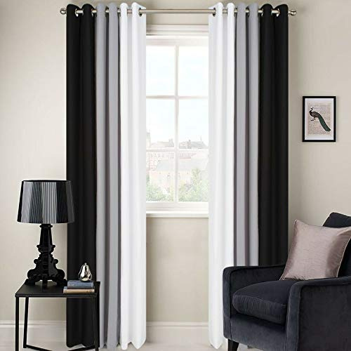 Black Grey White 3 Tone Curtains Bedroom Living Room Lounge Window Fully Lined (90x90)