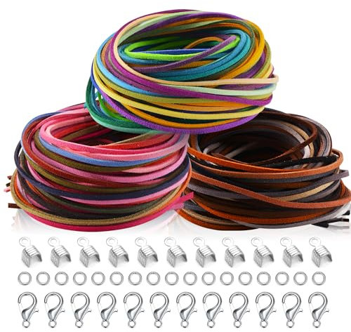 60 Farben 1M x 3mm Lederschnur Lederband Veloursleder Band Faden für DIY Armband Halskette Schmuck Handwerk, Set mit 100pcs Schnurenden und 20pcs Verschlüsse von SOSMAR