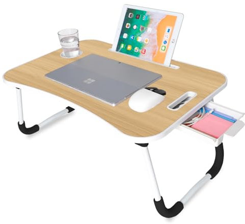 unycos - Bandeja para Cama, Mesa Plegable de Desayuno, Ideal para Portátil, Ordenador y Libros, Ergonómica, Mesa Auxiliar con Atril para Leer en la Cama 60x40x26 cm (Nuez con Cajón)