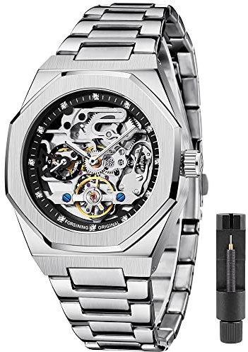 Tiong Silberne Herrenuhr Luxus Automatische Mechanische Edelstahl Modegeschäft Hohle Uhr,Mechanische Uhr Herrenuhr