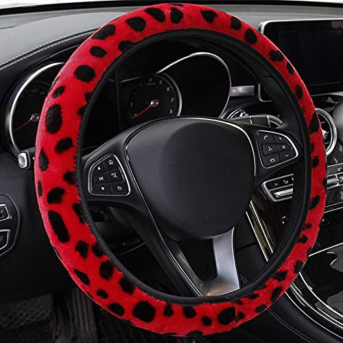 Leopard Lenkradbezug,MoreChioce Universal Auto Plüsch Lenkradhülle Winter Lenkradschoner Warm Rutschfeste Lenkradbezug Teleskop Lenkradabdeckung Bequem Lenkradschutz für 14-15,5 Zoll Lenkrad,Rot