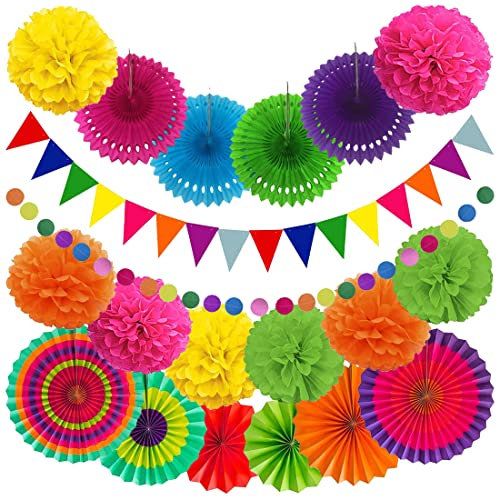 LEAO 20 Stück Fiesta Party Dekoration Mexikanische Deko, Hängende Papier Pompoms Aufhängen Fächer Banner Wimpelkette Wimpel Runde Punkte Girlande für Party Hochzeit Geburtstag Festival Weihnachten