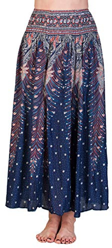 PANASIAM Sommerrock Damen lang - Strandrock - Mandala & Peacock Boho Design | Leichter Freizeitrock mit gesmoktem Gummibund, blickdicht in leuchtenden Farben und Designs, Onesize passend Gr. S-L