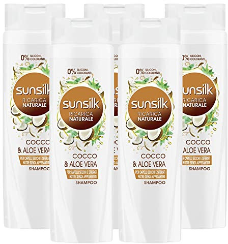 5x Sunsilk Shampoo Ricarica Naturale Nutriente con Cocco e Aloe Vera per Capelli Secchi e Sfibrati - 5 Flaconi da 250 ml