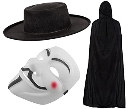 V for Vendetta Guy Fawkes Kostüm Kit | Anonymous Hacker Maske + Schwarzer Kapuzenumhang + Hut für Erwachsene Unisex Halloween Karneval Party Kleid Zubehör, schwarz / weiß, Einheitsgröße