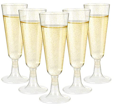 Czemo Flûtes à Champagne en Plastique Réutilisable 20 Verres à Champagne à Paillettes Dorées Coupes à Vin pour Mariages, Anniversaires et Fête