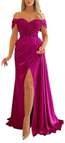 Vestidos largos de dama de honor con hombros descubiertos, abertura lateral, vestidos de fiesta de boda para mujer, fucsia, 40