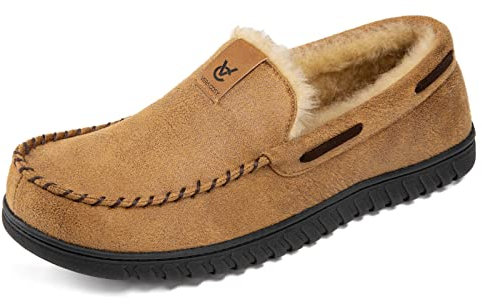 VeraCosy Men's Classic Moccasin Slippers Soft Faux Suede Memory Foam Closed-back Indoor House Shoes Tan, 9 UK