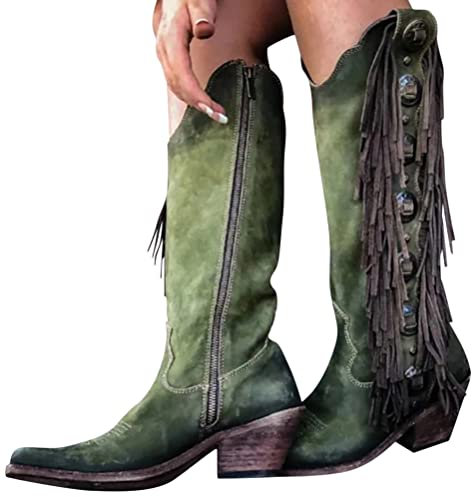 Minetom Damen Quaste Stiefel Mit Absatz Fransenstiefel Wildleder Absätze Fransen Warm Cowboy Stiefel Lange Schuhe Boots Winterschuhe Langschaft Stiefel A Grün 39 EU