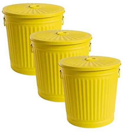 Jinfa | 3 Jeux Poubelle en métal galvanisé avec poignées et Couvercle | Jaune | Diamètre Ø 21,5 cm - Hauteur 21,5 cm | Capacité: 7 litres