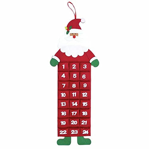 Mooyii Adventskalender Filz Weihnachtsmann Elch 24 Taschen 4x6 cm zum Selbstbefüllen, Weihnachten Kalender Filz 3D Hängenden Schneemann 24 Tage Countdown bis für Tür Wand Dekoration (Red)