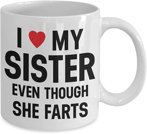 I Love My Sister Even Though She Farts, Sister Present, Birthday Christmas Coffee Mug Coffee Tea Mug Unique 11oz White Ceramic Mug.