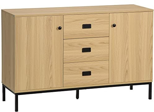 HOMCOM - Aparador de cocina, mueble de almacenamiento, 2 armarios, estante ajustable, 3 cajones, estilo contemporáneo, 120 x 39,5 x 77 cm, color natural