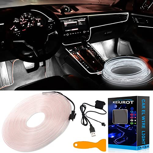 Keiurot El Wire USB Neon Light Strip - 10M/32Ft White Car Interior LED Lighting for Dashboard & Decoration