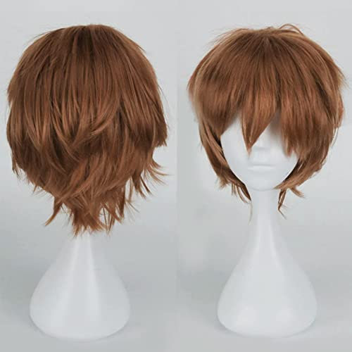 Anime Perücke Braun Kurze Anime Cosplay Perücken Halloween Perücke für Damen Herren Synthetische Perücke Gewellt Glatt Perücke Karneval Kostüm Party Perücke mit Gratis Mütze, Hellbraun