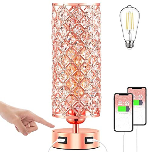 Brabola Lampada da tavolo in cristallo, color oro rosa, con 2 porte di ricarica USB, per comodino, per camera da letto, cameretta dei bambini, casa, ufficio, soggiorno, bar, ristorante