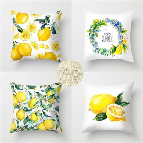 Kissenbezug 40x40cm 4er Set Gelb Quadratische Zitrone Einfachheit WasserdichtesLeinen Sommer Outdoor Kissen für Wohnzimmer Sofa Schlafzimmer Bett Büro Auto Garten Terrasse Zierkissenbezüge LY-233