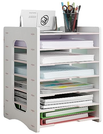 Wooden Desk File Organiser, A4 Paper Letter Tray Desktop File Holder Document Storage Rack Desk Tidy Organiser for Home Office Supplies(js06,White)