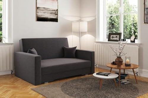 Kaiser Möbel - Sofa mit Schlaffunktion und Bettkasten, Sofa 2-sitzer, Schlafsofa mit Bettzeugbehälter, Klappsofa, Bettsofa, Bequemes Couch für Wohnzimmer und Schlafzimmer, America, Sawana, Dunkelgrau