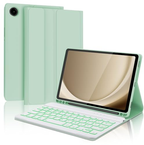 AVNICUD Tastatur für Samsung Galaxy Tab A9 8.7 2023 mit Beleuchtete, Hülle mit Tastatur für Samsung Tab A9 Magnetische Bluetooth Abnehmbare QWERTZ Layout, Grasgrün