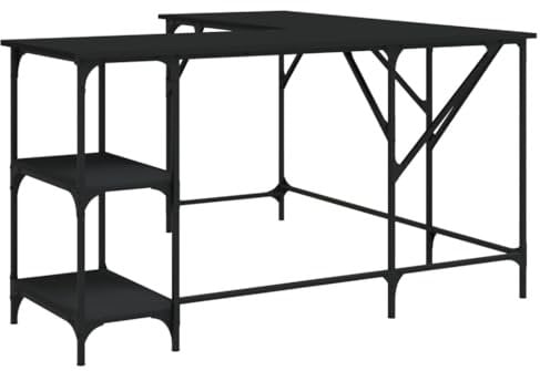 vidaXL L-shaped Desk – Black Engineered Wood Office Study Writing Computer Table with Storage Shelves and Adjustable Feet