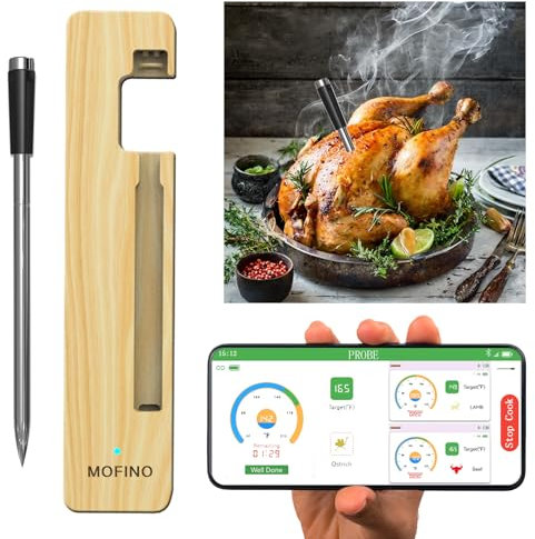 MOFINO Termometro per carne wireless Bluetooth con sonda ultra sottile, termometro digitale per carne da 180 m, impermeabile IPX8, per grigliare, barbecue, forno, affumicatura, app iOS e Android