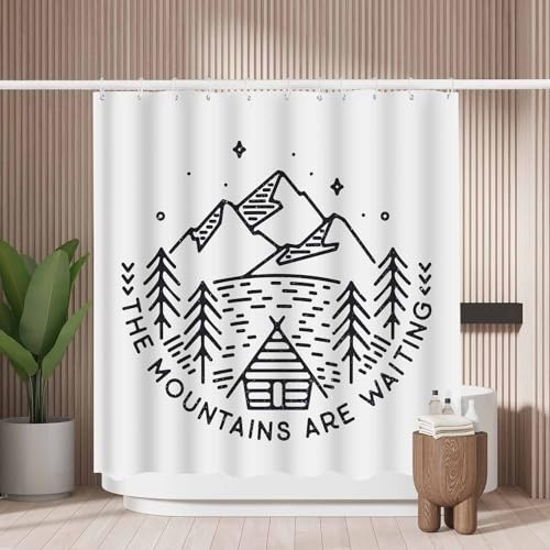 Woutay Rideau de douche résistant à la moisissure en polyester avec 12 crochets en plastique Motif montagne et aventures