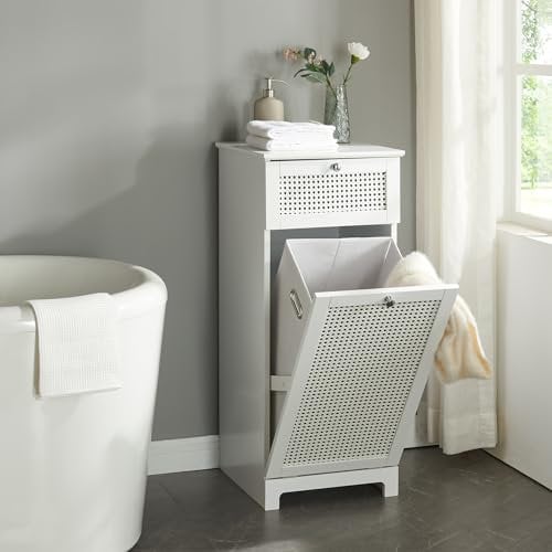 [en.casa] Mobile Portabiancheria con Contenitore Rimovibile Anta a Ribalta e Cassetto Soluzione Salvaspazio per Bagno Lavanderia 90 x 38 x 40 cm Bianco