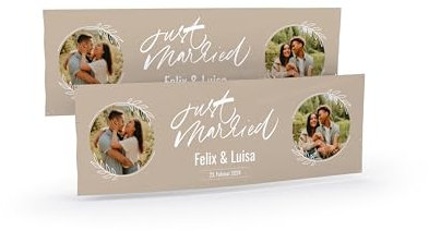 Banner zur Hochzeit selbst gestalten I Just Married I Beige - Blätter I 50cm x 150cm I Personalisierte Just Married Flagge für Paare mit Bildern, Namen und Datum I Deko Fahne