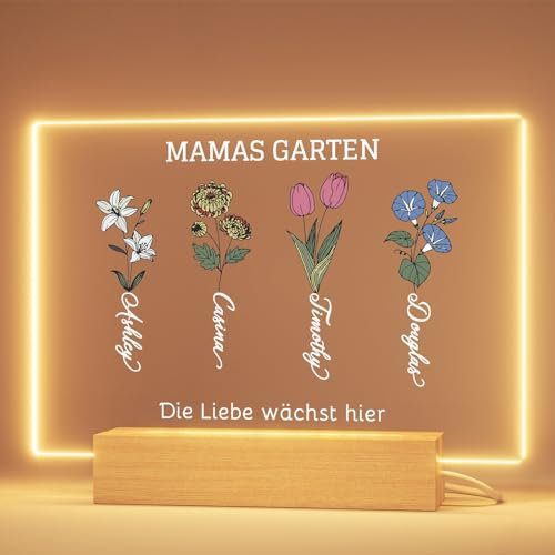 iDIY Personalisierte Geschenke für Mama - Muttertagsgeschenke Personalisierte Lampe mit Namen und Geburtsmonatsblume - Mamas Garten - 22x15 cm Acrylglas, Optionale Basis