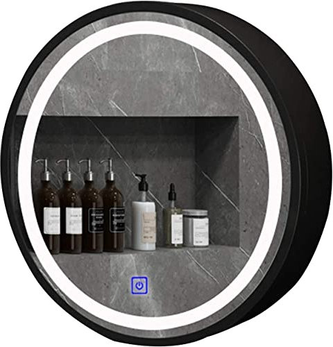XMDEUR Armoire de Toilette avec Miroir de Salle de Bain éclairée par LED, Armoire de Rangement Murale Ronde pour médicaments avec Interrupteur Tactile Intelligent, désembueur, Noir A, 70 cm (Noir B