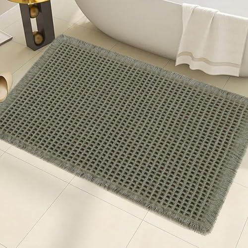 AIBIIN Tapis de Bain gaufré Vert Super Absorbant, antidérapant, Lavable en Machine, Tapis de Bain avec Envers en Caoutchouc pour Salon, Salle de Bain, 46 x 77 cm