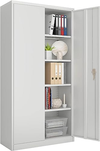 SUPEER 180CM hoher Stahlschrank,Metall-Lagerschrank mit 2 Türen und 4 verstellbaren Einlegeböden,Geeignet für Haus, Lager, Garage, Büro,Einfache Montage erforderlich (Grau)
