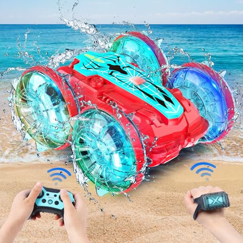 Coche Anfibio Teledirigido, Poiale 360° Rotación Coche Teledirigido Niños 8+ Años, 2.4Ghz 4WD Coche Acrobático Teledirigido, Coches Teledirigidos para Niños de Juguete Off-Road, Impermeable Recargable