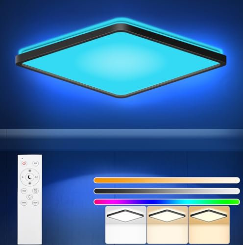 RDGOOD 24W RGB LED Deckenleuchte Dimmbar mit Fernbedienung, 2400LM Deckenlampe LED Dimmbar Farbwechsel, 3000K-6500K Panel Leuchte für Wohnzimmer Schlafzimmer Kinderzimmer Küche Keller 30x30x2.5cm