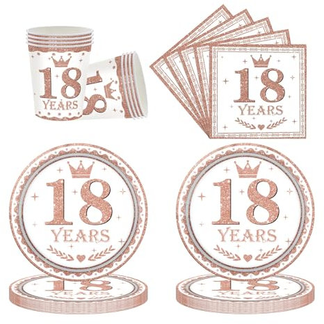 52P Rose Gold Tableware Set for 18th Birthday Table Decor,Rose Gold 18th Paper Napkins Cups and Paper Plates,Rose Gold Dinnerware 18th Celebration Decor Her 18th Anniversary Party Napkins Cups Plates
